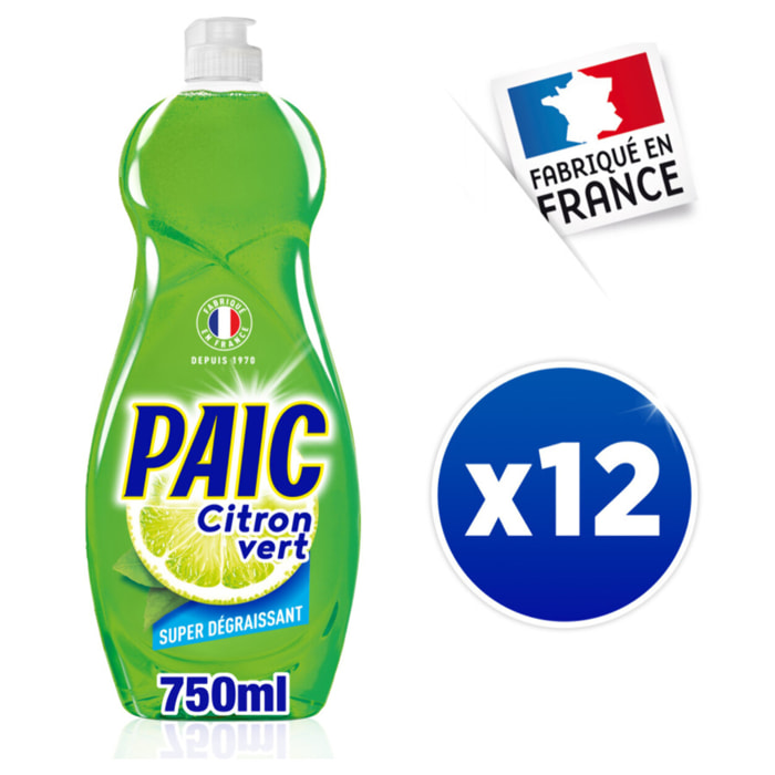 Pack de 12 - Paic Liquides Vaisselles Citron Vert - Origine Naturelle - Super dégraissant - 750ml