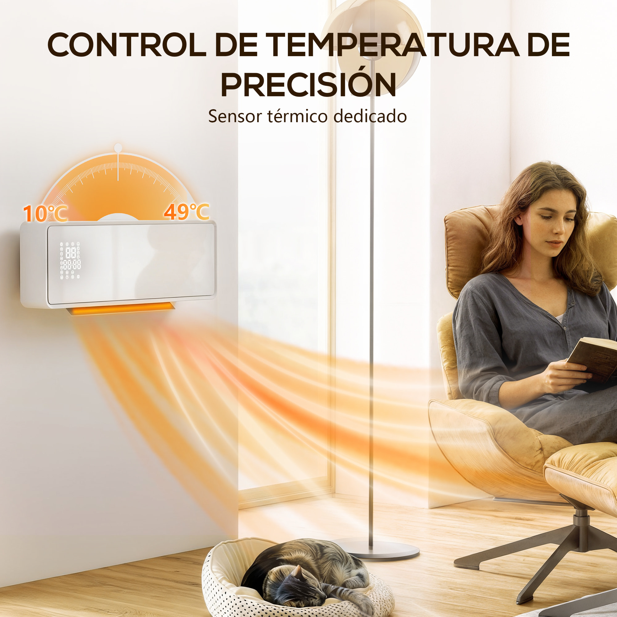 Calefactor Eléctrico Bajo Consumo Cerámico de Pared, 2000W, con 3 Modos, Pantalla LED, Termostato, Temporizador, Oscilación, Mando a Distancia, Detección de Ventanas Abiertas y Panel de Vidrio