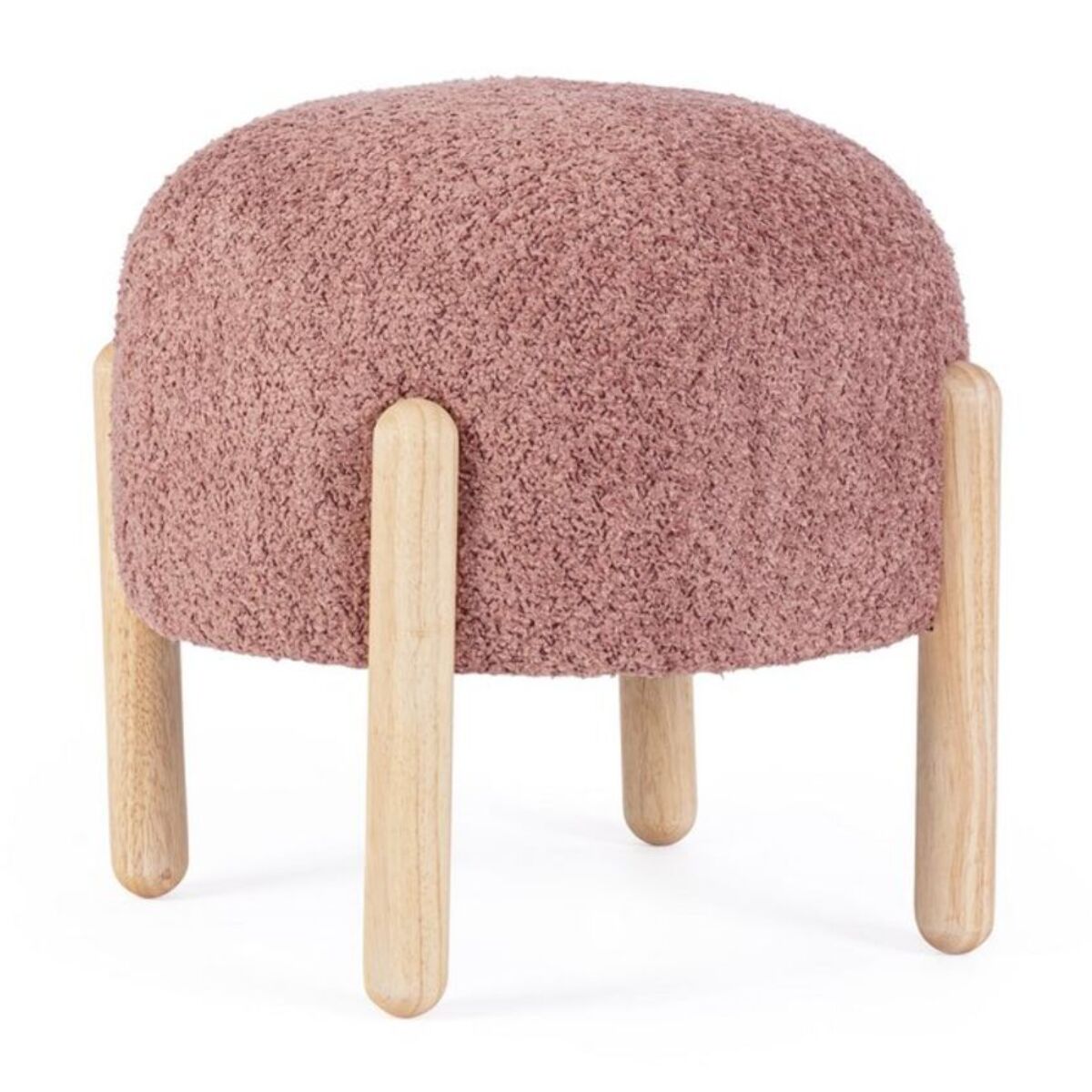 Pouf DAYLA in tessuto rosa scuro effetto bouclé e gambe in legno rubber wood