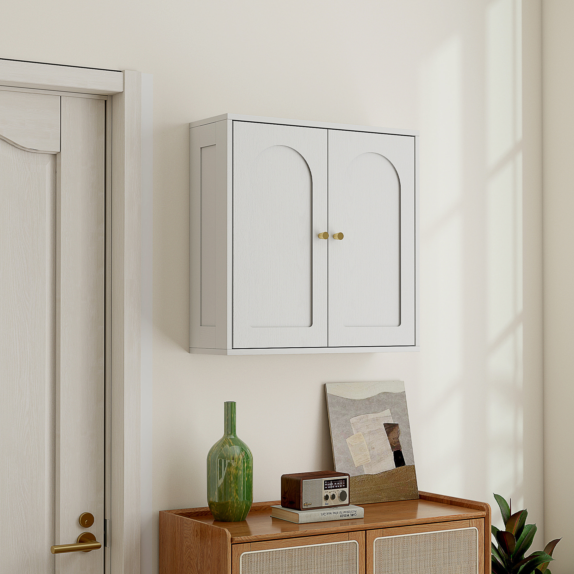Armario de Baño de Pared Mueble de Baño Colgar con Estantes 2 Puertas con Diseño de Arco Tiradores Dorados 60x20x60 cm Blanco