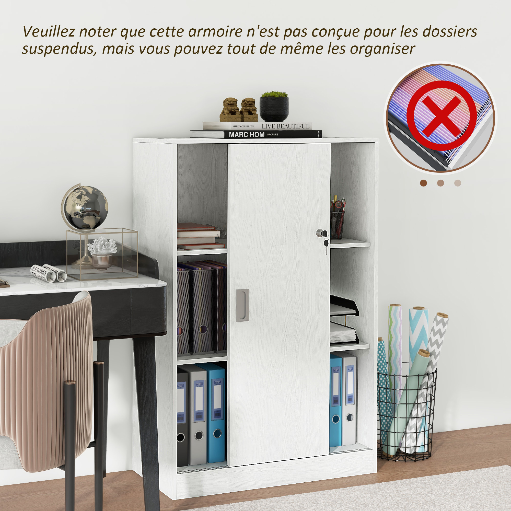 Armoire de bureau 2 portes coulissantes verrouillables dim. 80L x 40l x 120H cm 2 étagères panneaux particules blanc