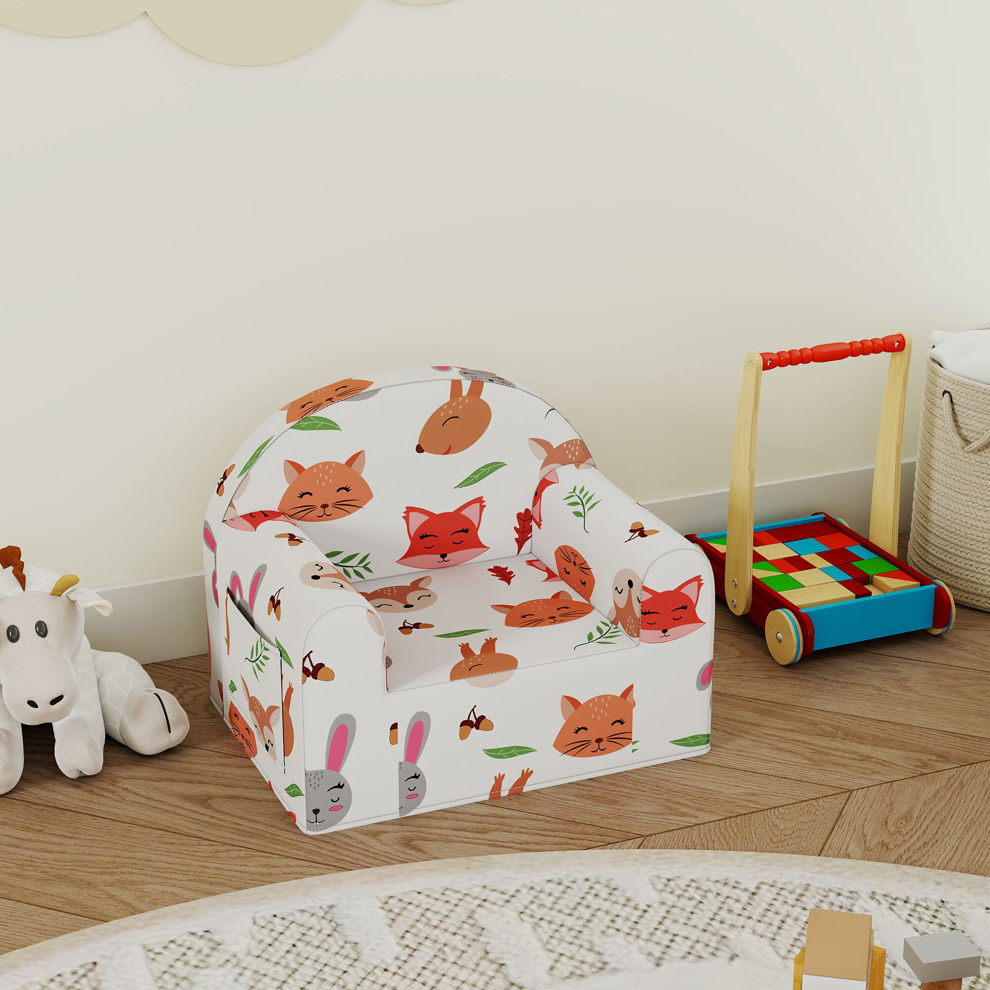 Sillón Infantil con Estampado de Zorros, Sofá para Niños de 18-36 Meses con Funda Extraíble y Lavable, Bolsillo Lateral, Reposabrazos, Carga 45 kg, Blanco