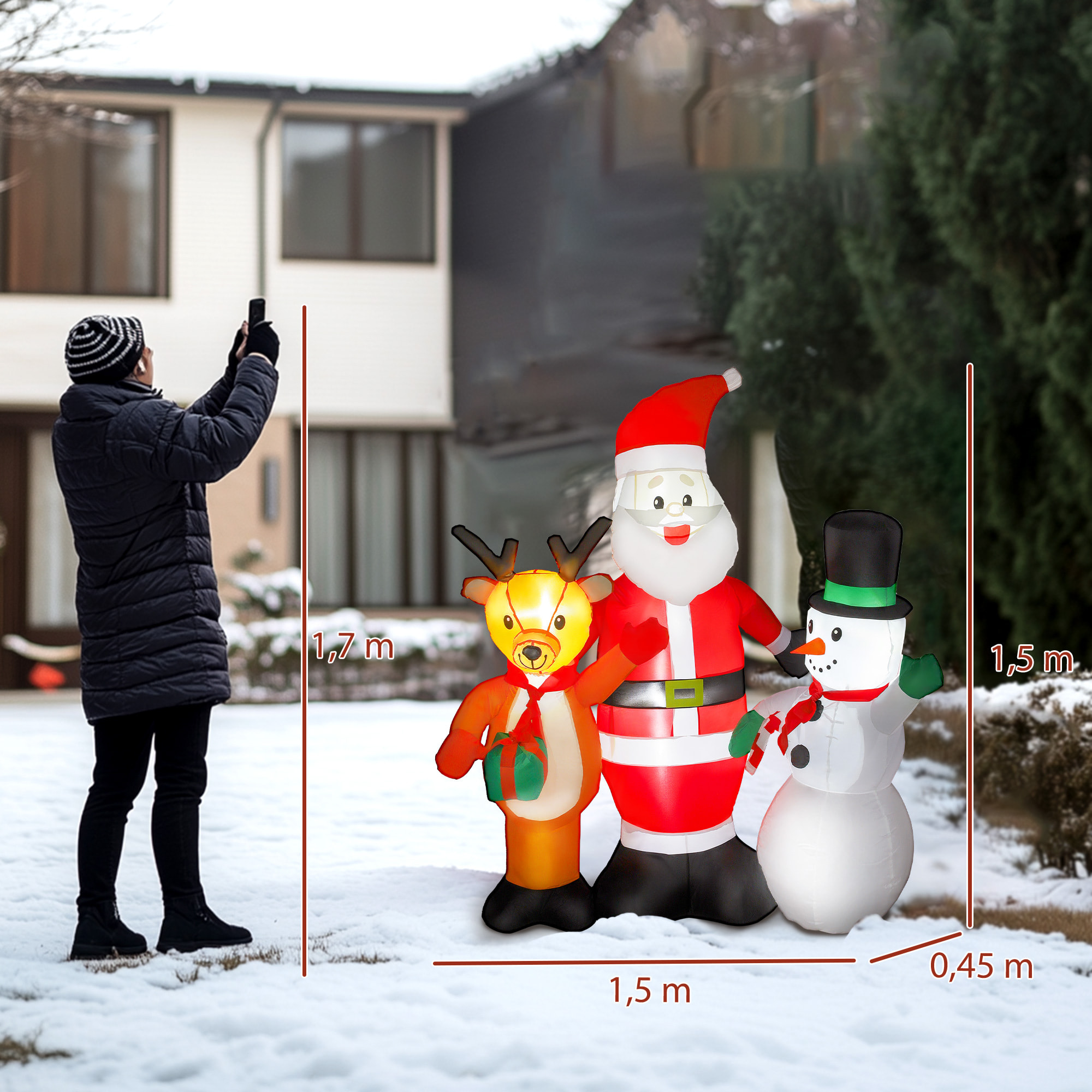 Papá Noel Inflable 150 cm con Reno y Muñeco de Nieve Decoración de Navidad Inflable con Luces LED Inflador Eléctrico para Exterior Jardín Césped
