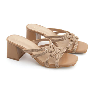 Sabot con fascette glow e tacco quadrato - KHAKI