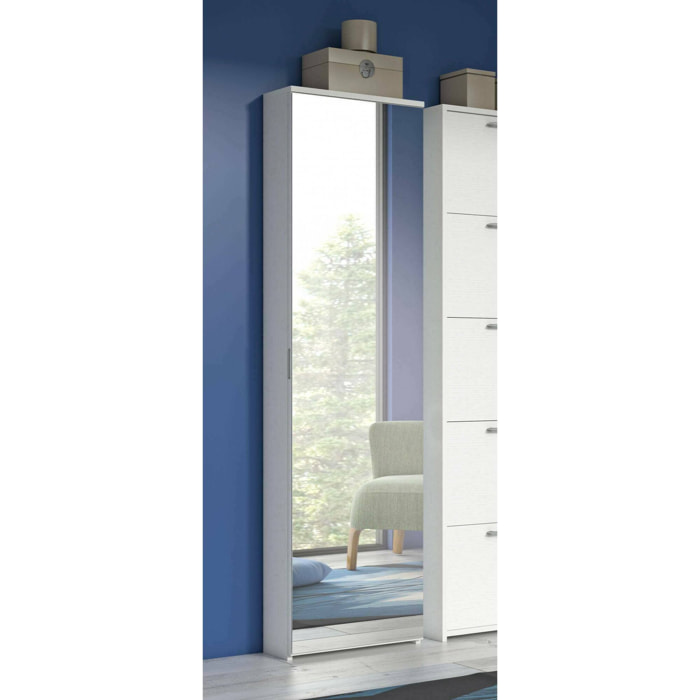 Scarpiera Ciclamino, Mobile multiuso da ingresso con anta a specchio , Armadio moderno portascarpe a 5 ripiani, 100% Made in Italy, Cm 50x18h178, Bianco