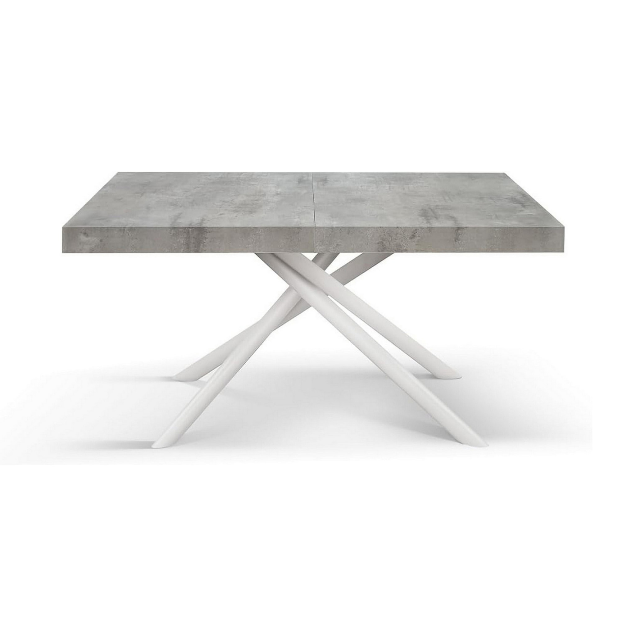 Tavolo CARRARA in legno, finitura grigio cemento e base in metallo verniciato bianco, allungabile 140x90 cm - 220x90 cm