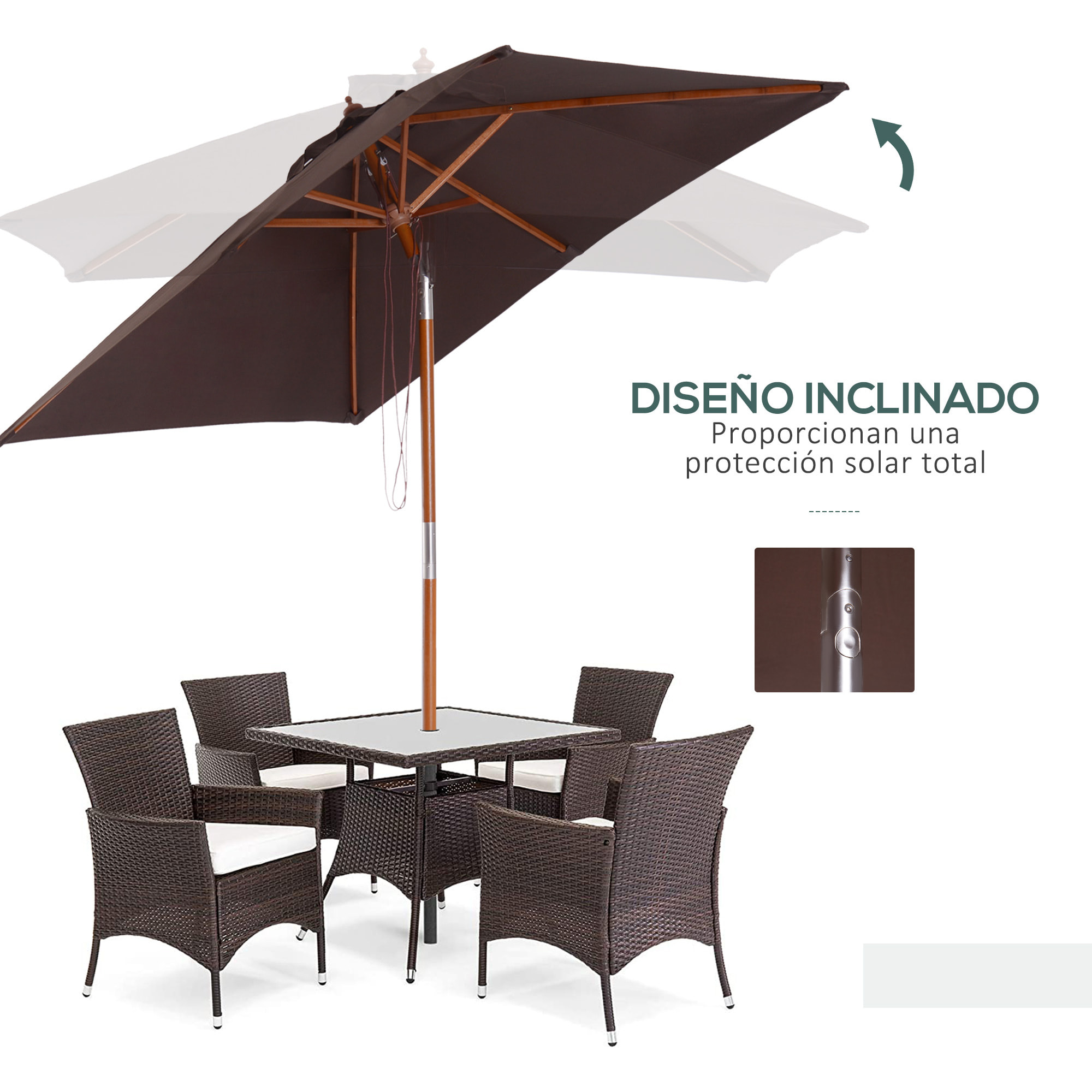 Sombrilla Terraza Exterior 200x150 cm Sombrilla de Jardín Rectangular con ángulo Ajustable Má¡stil de Madera y Manivela Parasol para Patio Terraza Cafá©