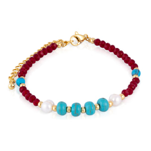 Bracciale in turchese, cristallo e perle naturali con chiusura a moschettone.