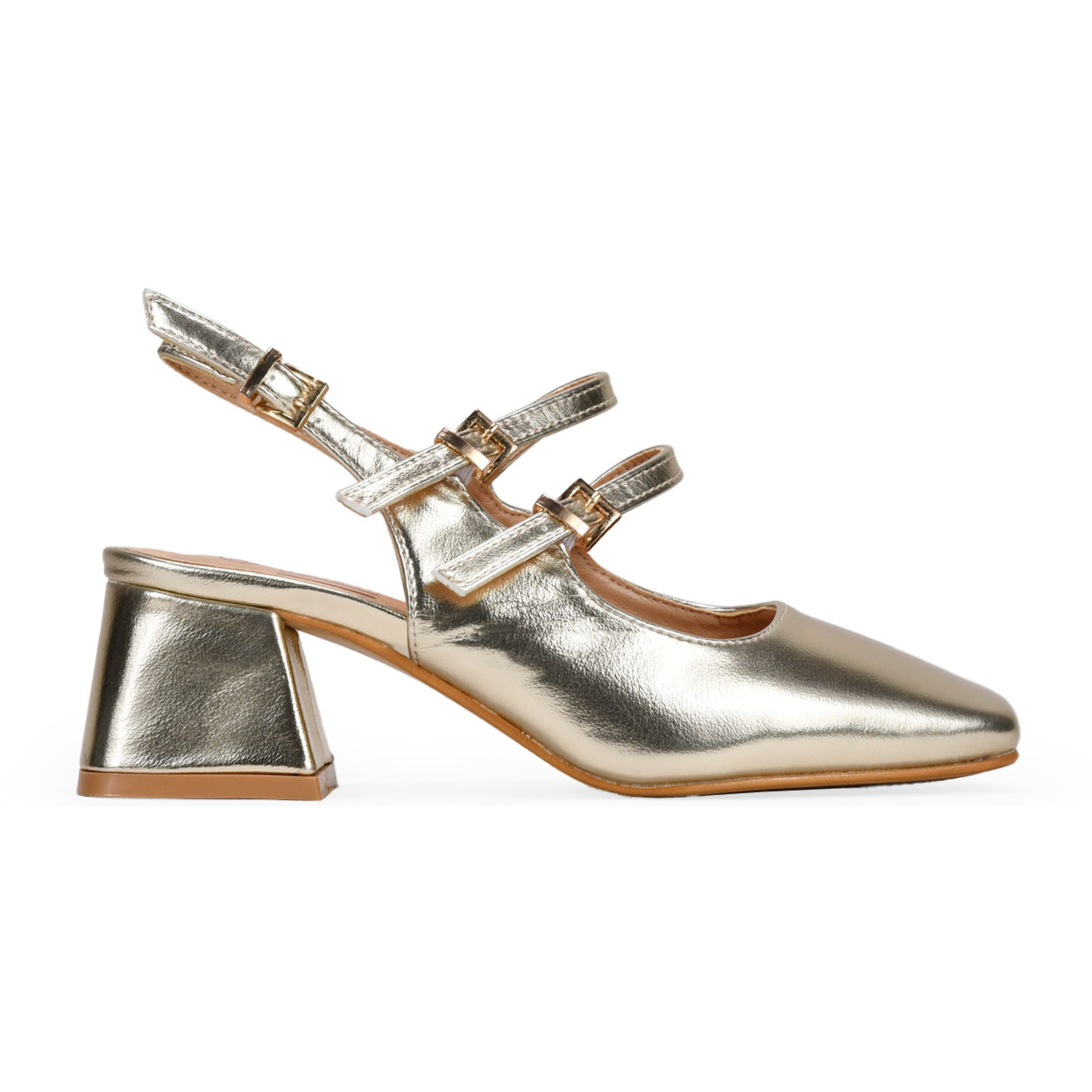 Zapatos Mary Jane dorados destalonados con doble tira y tacón