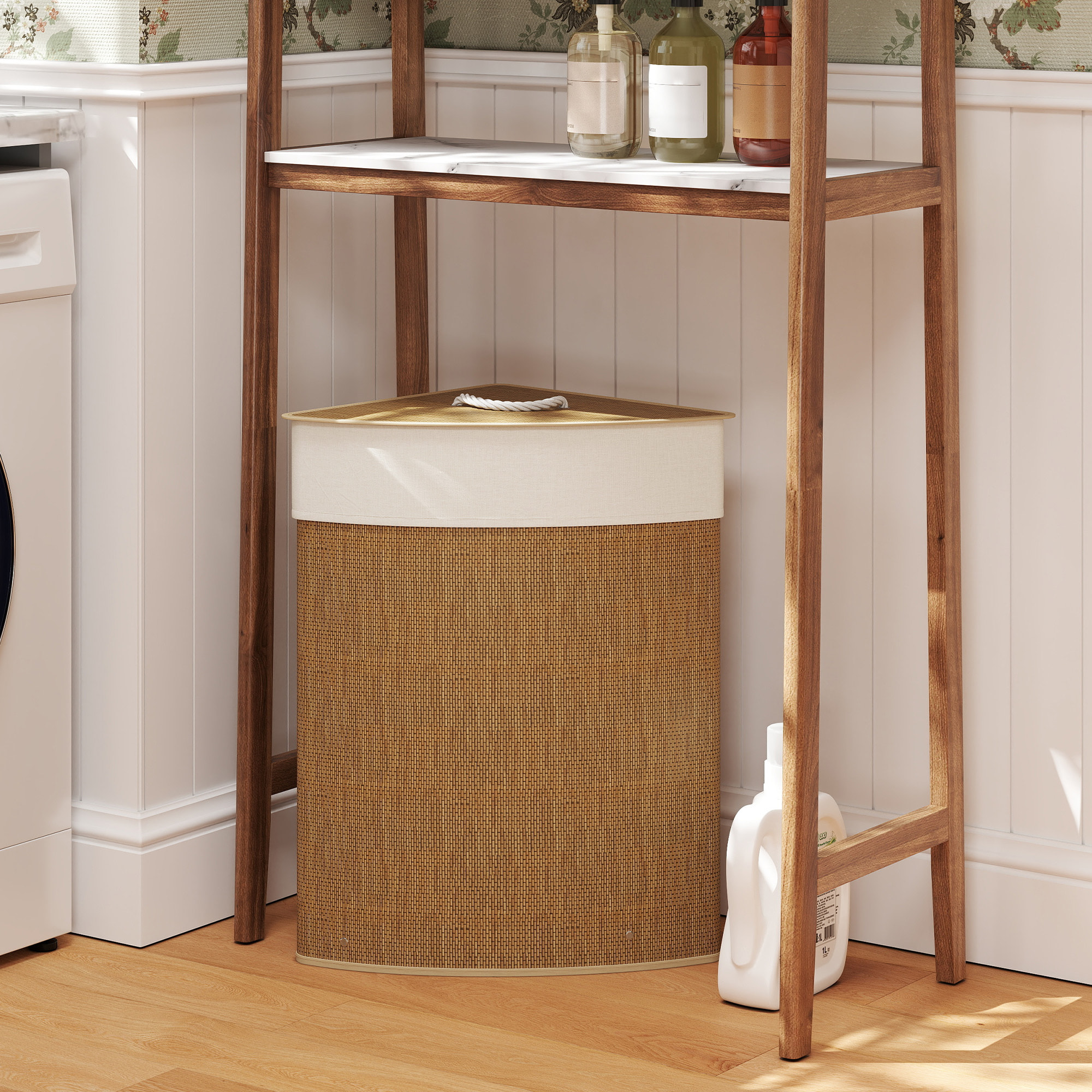 Panier à linge d'angle bambou 55L déhoussable lavable marron