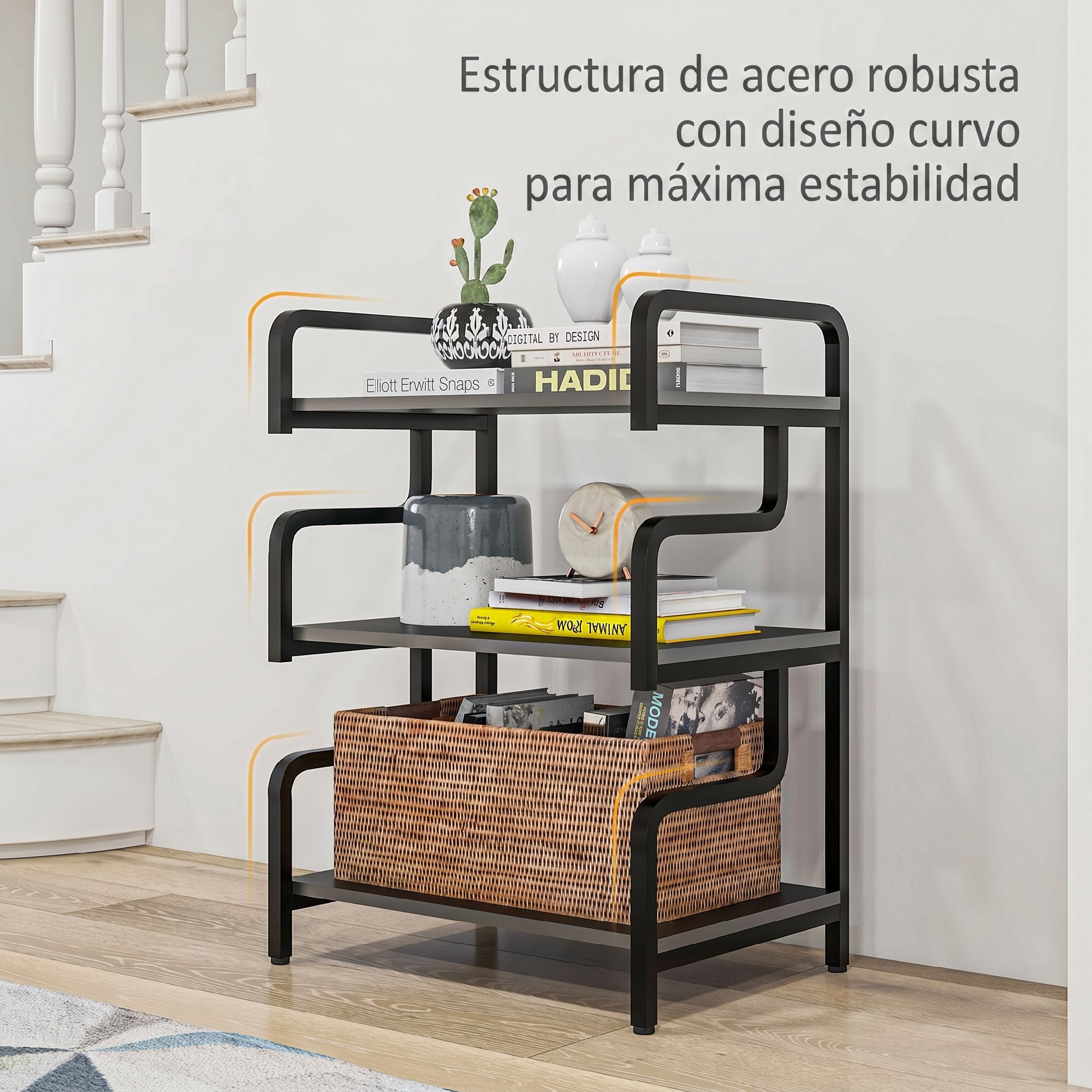 HOMCOM Soporte para Impresora de 3 Niveles, Mueble para Impresora con Marco de Acero, Estantería de Almacenamiento Multiusos para Escáner y Fax en Oficina, Casa, 55x40x77 cm, Negro