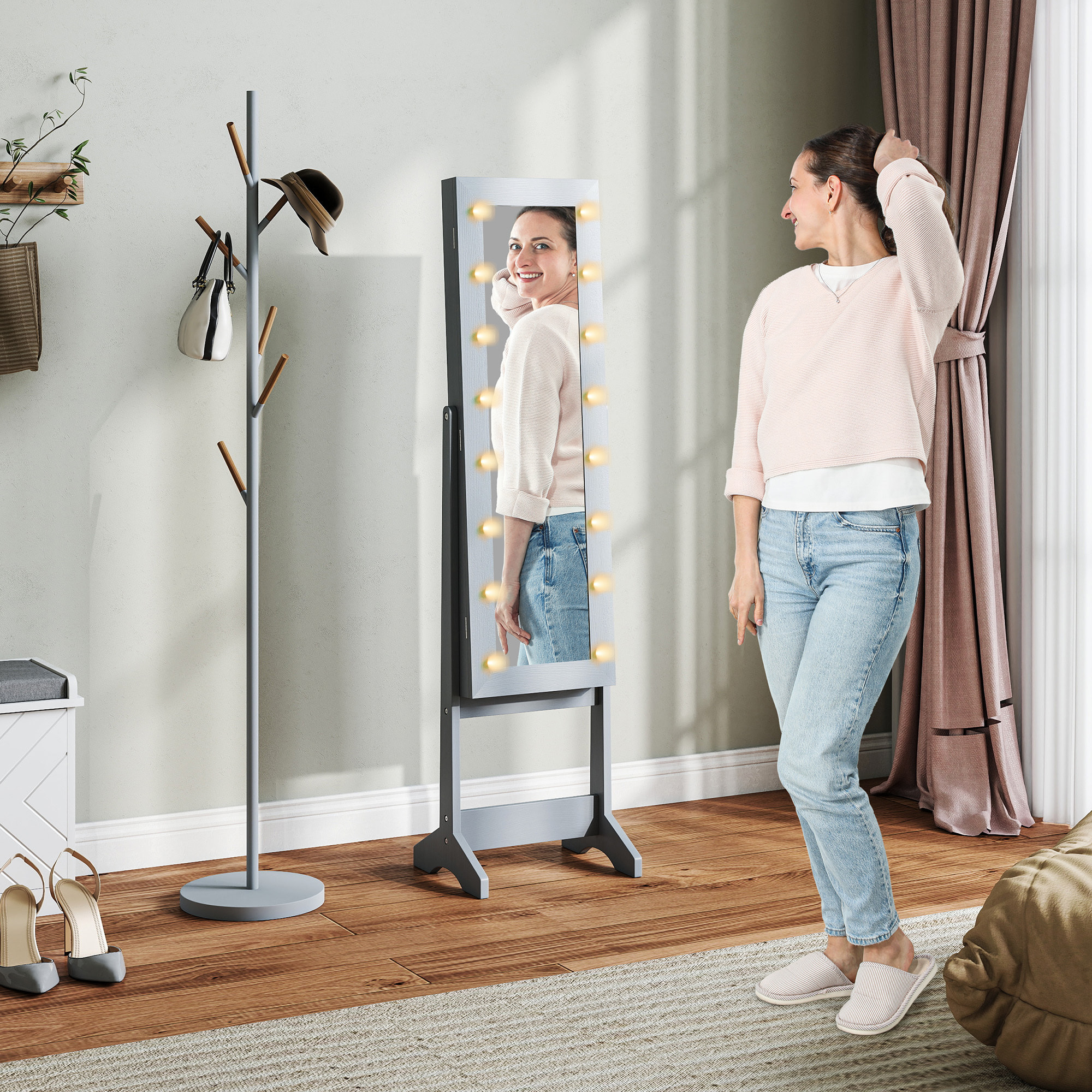 Espejo Joyero con Luces LED, Armario para Joyas, Armario Joyero de Pie con Espejo Entero, Ángulo Ajustable, con Estantes, Ranuras para Anillos, Gris