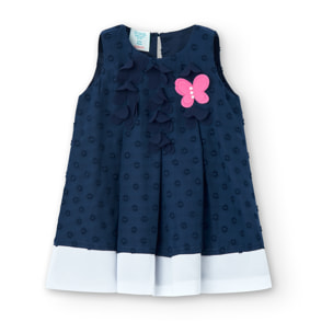 Vestido gasa niña, estampado topos, azul marino, tirantes