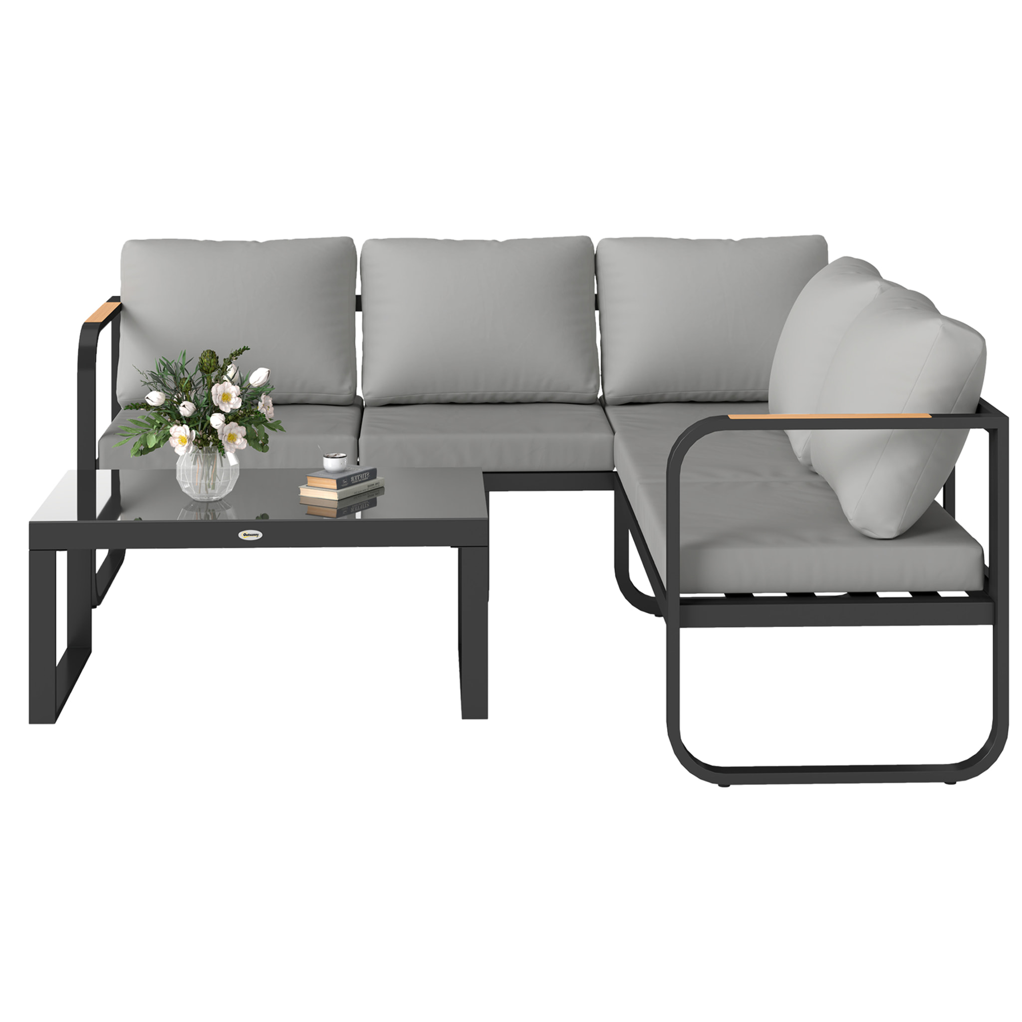 Ensemble salon de jardin 5 places 3 pièces réglable avec coussins assise dossier gris noir