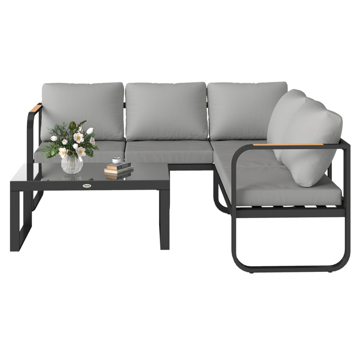 Ensemble salon de jardin 5 places 3 pièces réglable avec coussins assise dossier gris noir