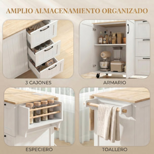 Isla de Cocina con Encimera Extensible y Estación de Carga, Carro de Cocina con Ruedas, 2 Puertas, 3 Cajones, Estantes Ajustables, Especiero y Toallero, Blanco