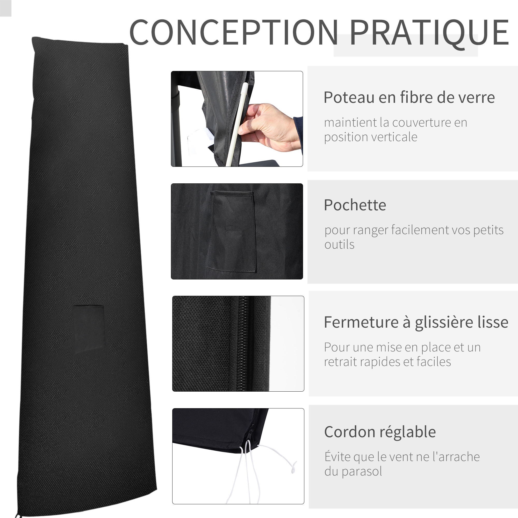 Housse de protection parasol Oxford 300D imperméable anti-UV zippée noir