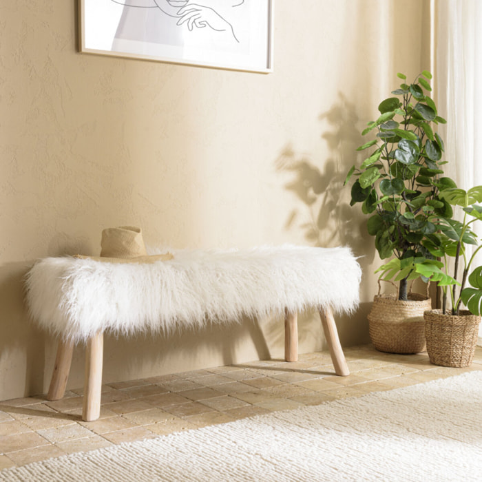 CHARLES - Banc 120x40cm peau de mouton couleur ivoire pieds bois naturel