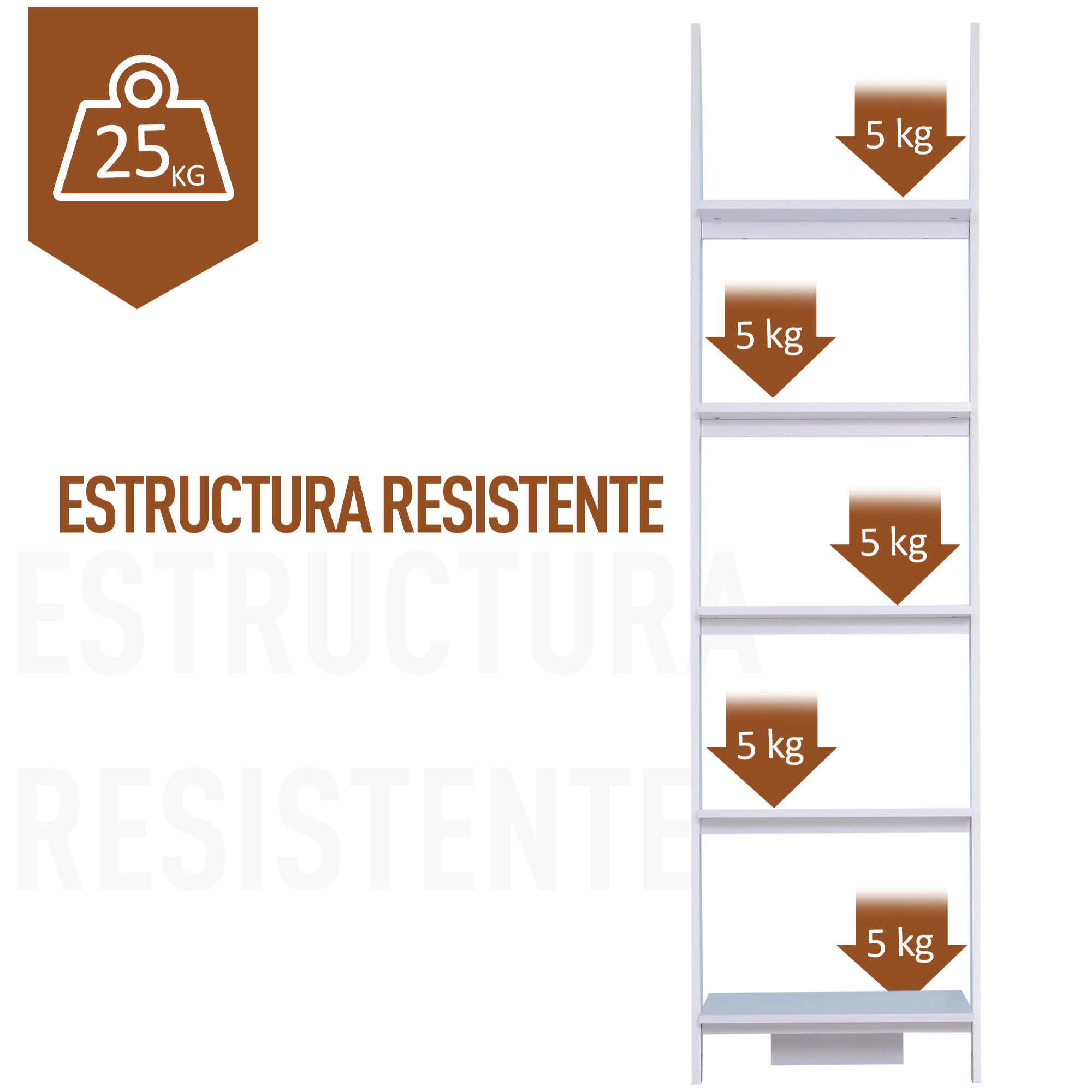 Estantería de Escalera con 5 Estantes de Pared de MDF Blanco