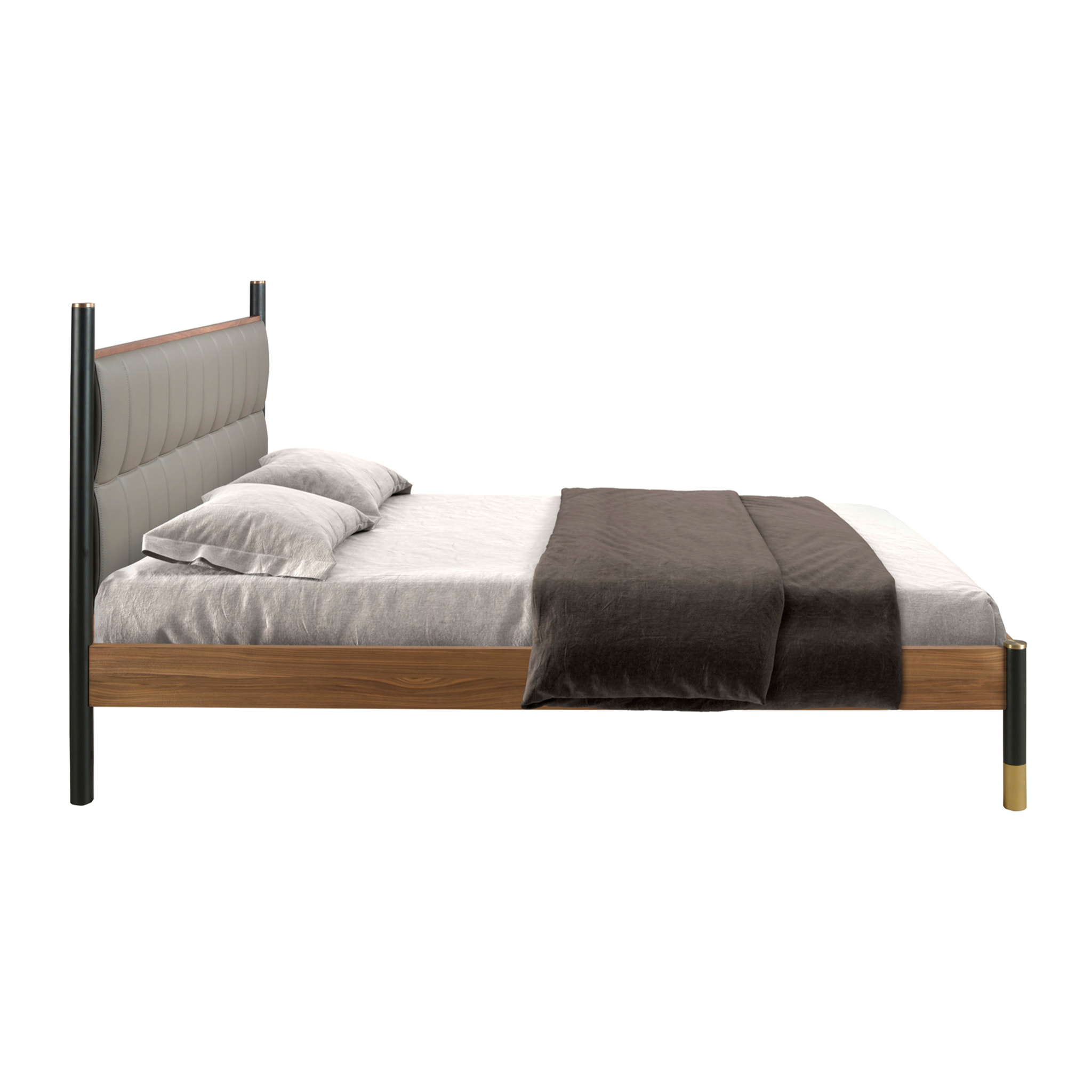 Cama Angel Cerdá de matrimonio con un cabecero en polipiel en gris oscuro y estructura de madera chapada en nogal natural y patas de madera de MDF en negro 160x215x112cm