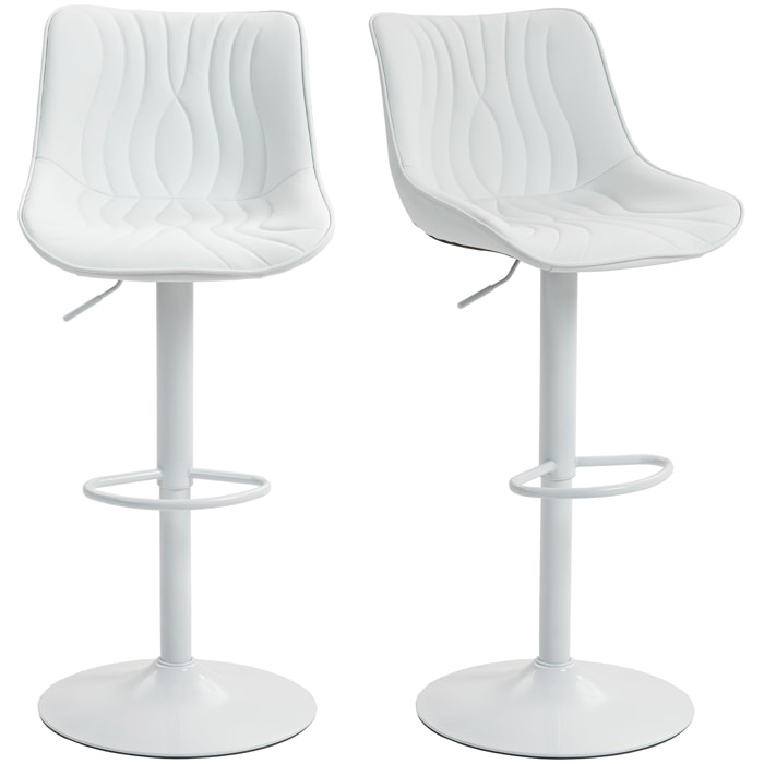 Juego de 2 Taburetes de Bar Taburetes Altos de Cocina Giratorios con Altura Ajustable 92-110 cm Respaldo Asiento de Piel Sintética Marco de Acero y Reposapiés para Comedor Mostrador Blanco