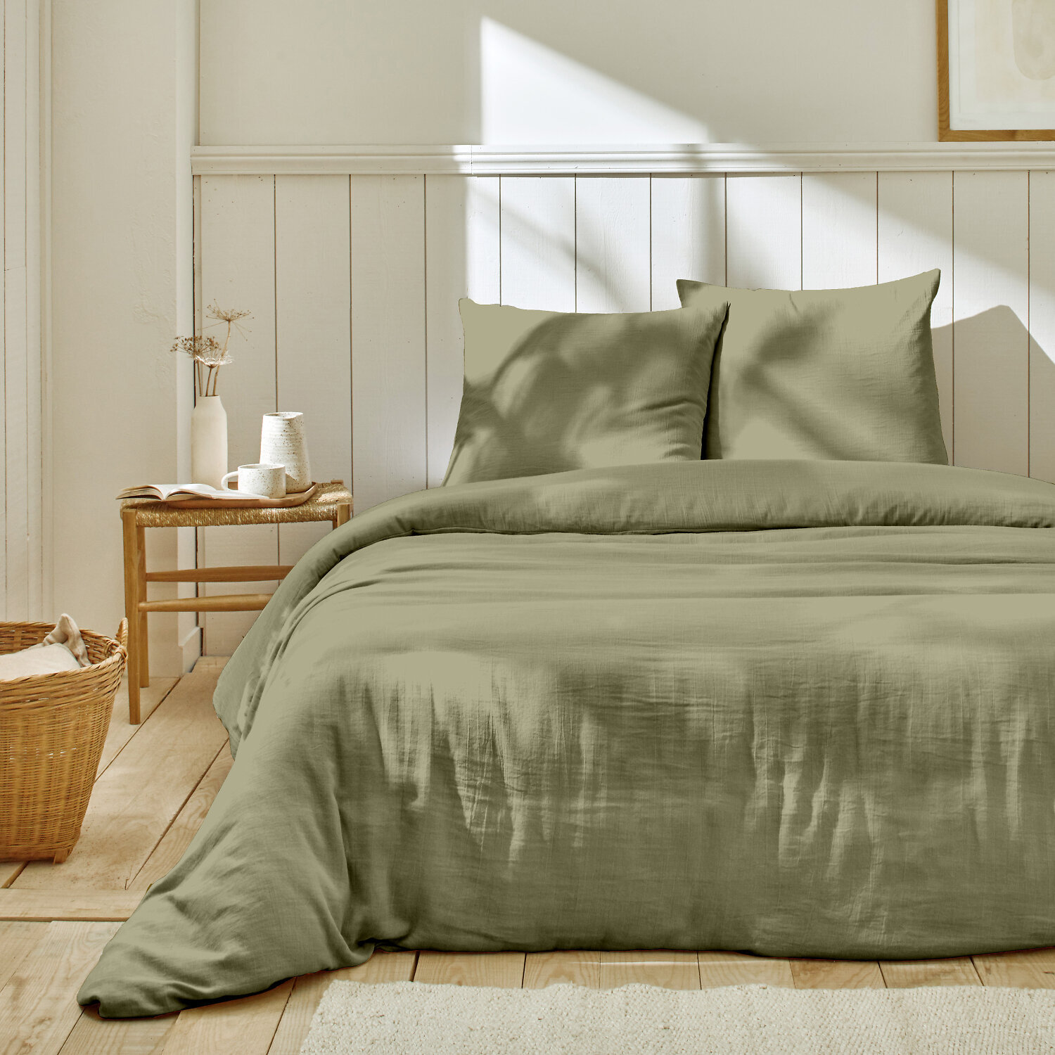 Parure housse de couette unie 100% gaze de coton - ozen - vert de gris