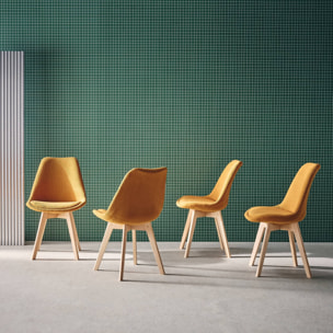 Lot de 4 chaises scandinaves revêtement velours côtelé ocre. pieds bois de hêtre - Nils