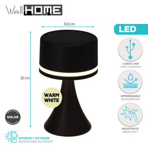 Well Home Lámpara solar de Mesa en color Negro, Recargable con Panel solar y puerto de carga USB