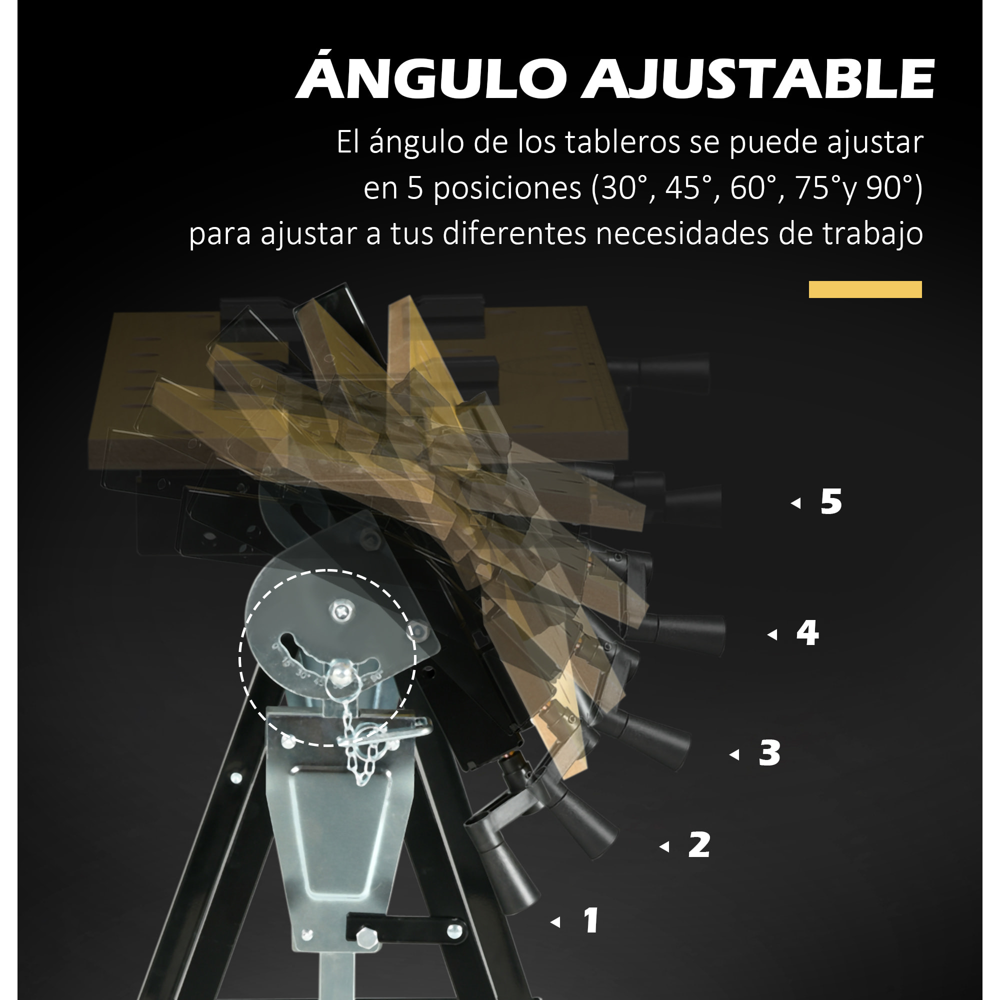 Banco de Trabajo Ajustable en Altura con 4 Clavijas Giratorias Tableros Ajustables en Ángulo y Distancia 65x57x85-114 cm Madera Natural y Negro