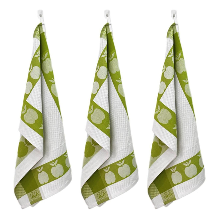Lot de 3 torchons nid d'abeilles 50x70cm vert -  "Carré"