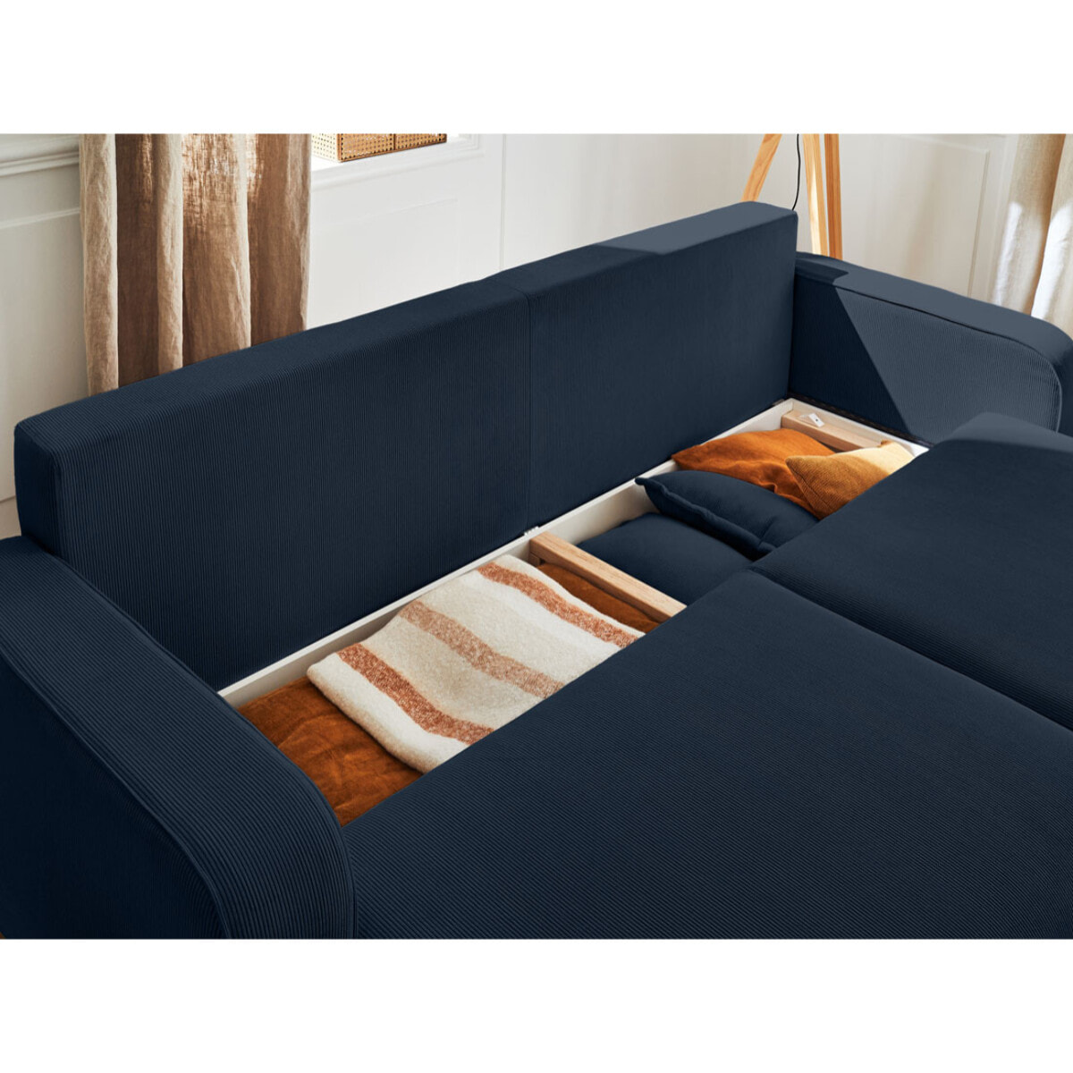 Albane - canapé 3 places - convertible avec coffre - en velours côtelé - Bleu Ardoise