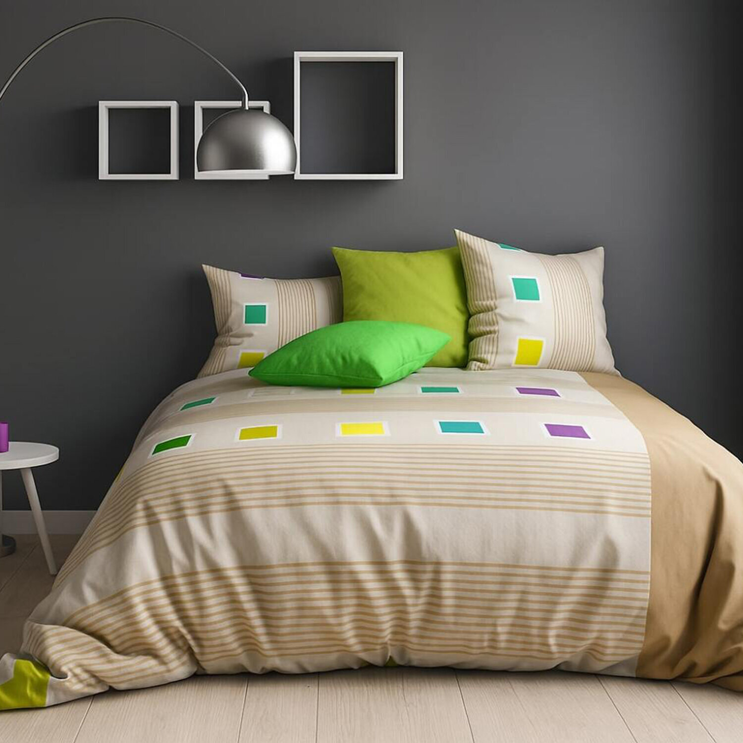 Parure housse de couette 100% coton 3pcs squares lin