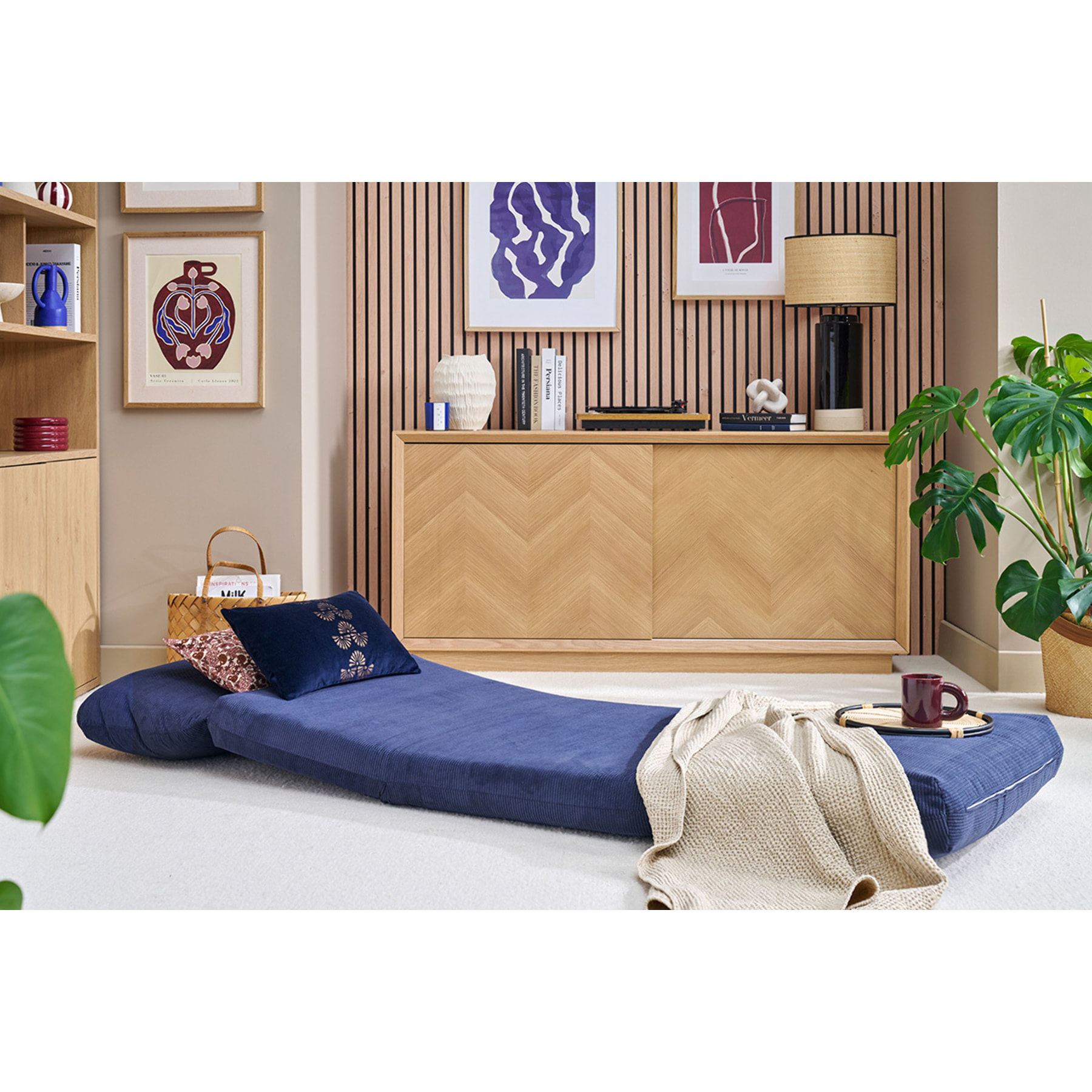 Chauffeuse 1 place convertible en tissu velours côtelé bleu foncé SPENCER