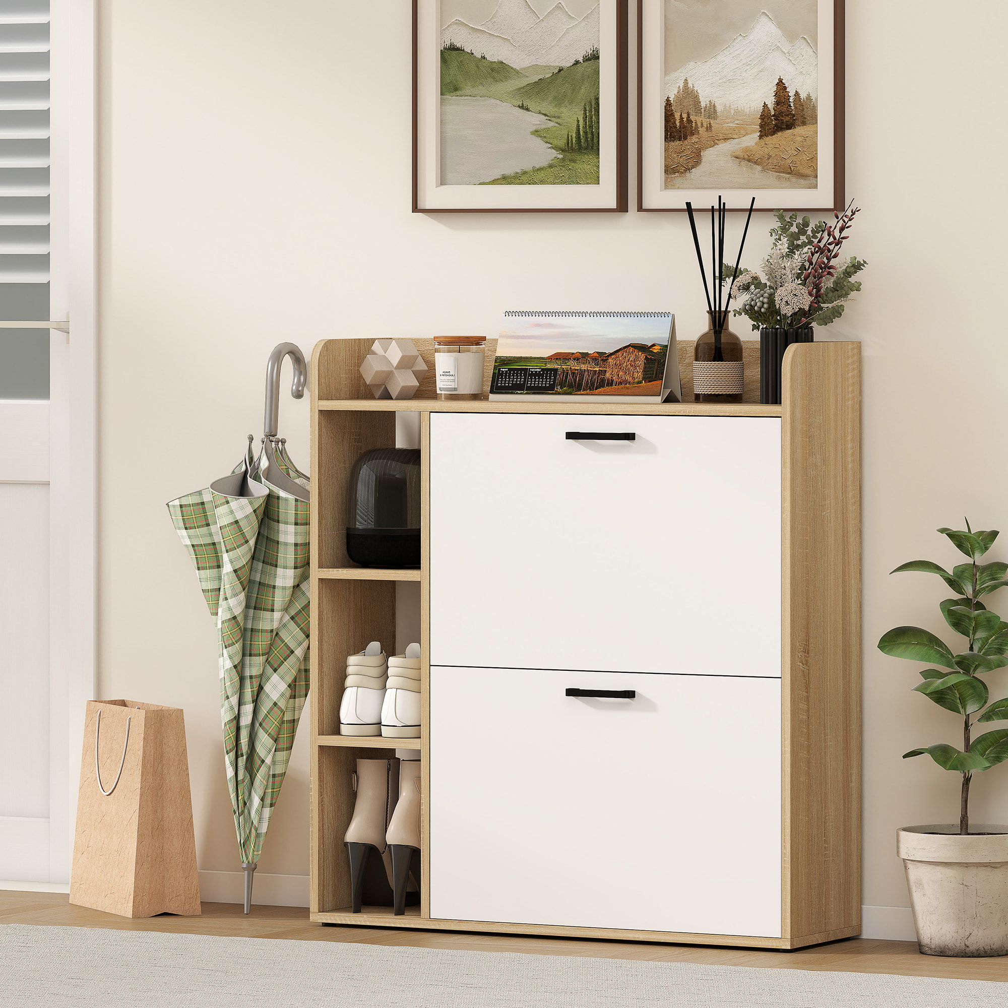 Zapatero Estrecho 2 Puertas, Zapatero Entrada Recibidor con 3 Estantes Laterales y Estantes Ajustables, para 15 Pares de Zapatos, para Pasillo, Espacio Reducido, 83x24x90,5 cm, Natural y Blanco
