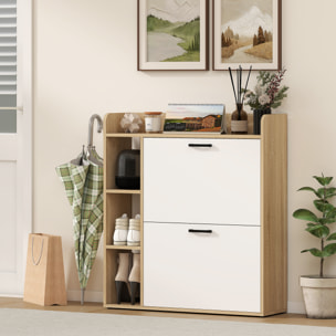 Zapatero Estrecho 2 Puertas, Zapatero Entrada Recibidor con 3 Estantes Laterales y Estantes Ajustables, para 15 Pares de Zapatos, para Pasillo, Espacio Reducido, 83x24x90,5 cm, Natural y Blanco