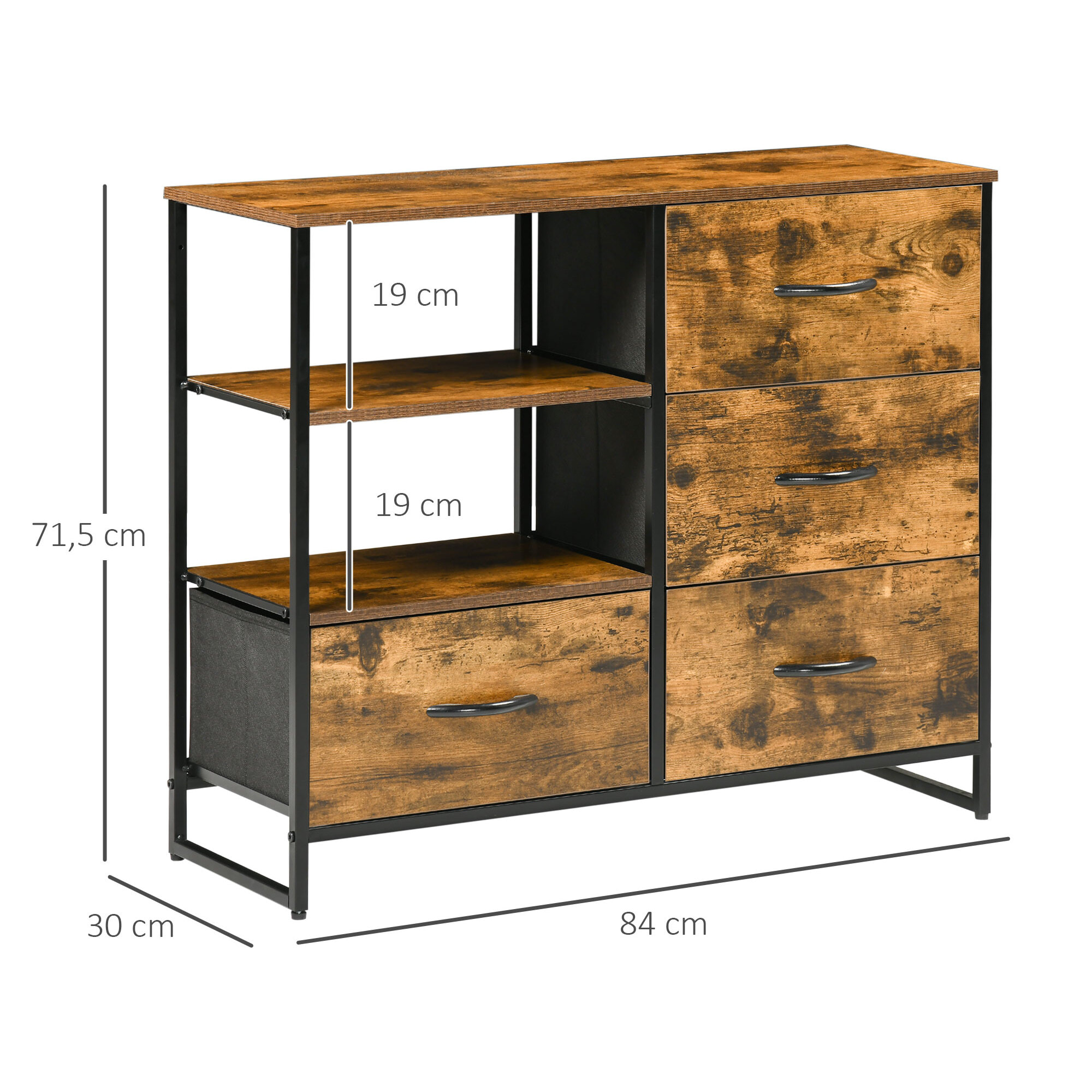 Buffet design industriel - 4 tiroirs, 2 niches, plateau - châssis acier noir MDF aspect bois avec veinage