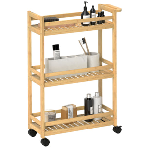 Carrito Auxiliar con Ruedas de Bambú, Carrito de Cocina Estrecho de 3 Niveles con Asa, para Salón, Baño, Espacios Pequeños, 55x20x75 cm, Natural
