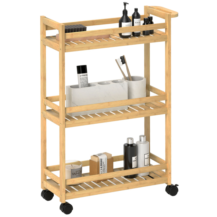 Carrito Auxiliar con Ruedas de Bambú, Carrito de Cocina Estrecho de 3 Niveles con Asa, para Salón, Baño, Espacios Pequeños, 55x20x75 cm, Natural