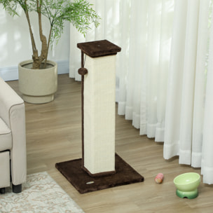 Griffoir tour pour chat H.81 cm - poteau à griffer avec jeu balle suspendue - peluche marron sisal naturel
