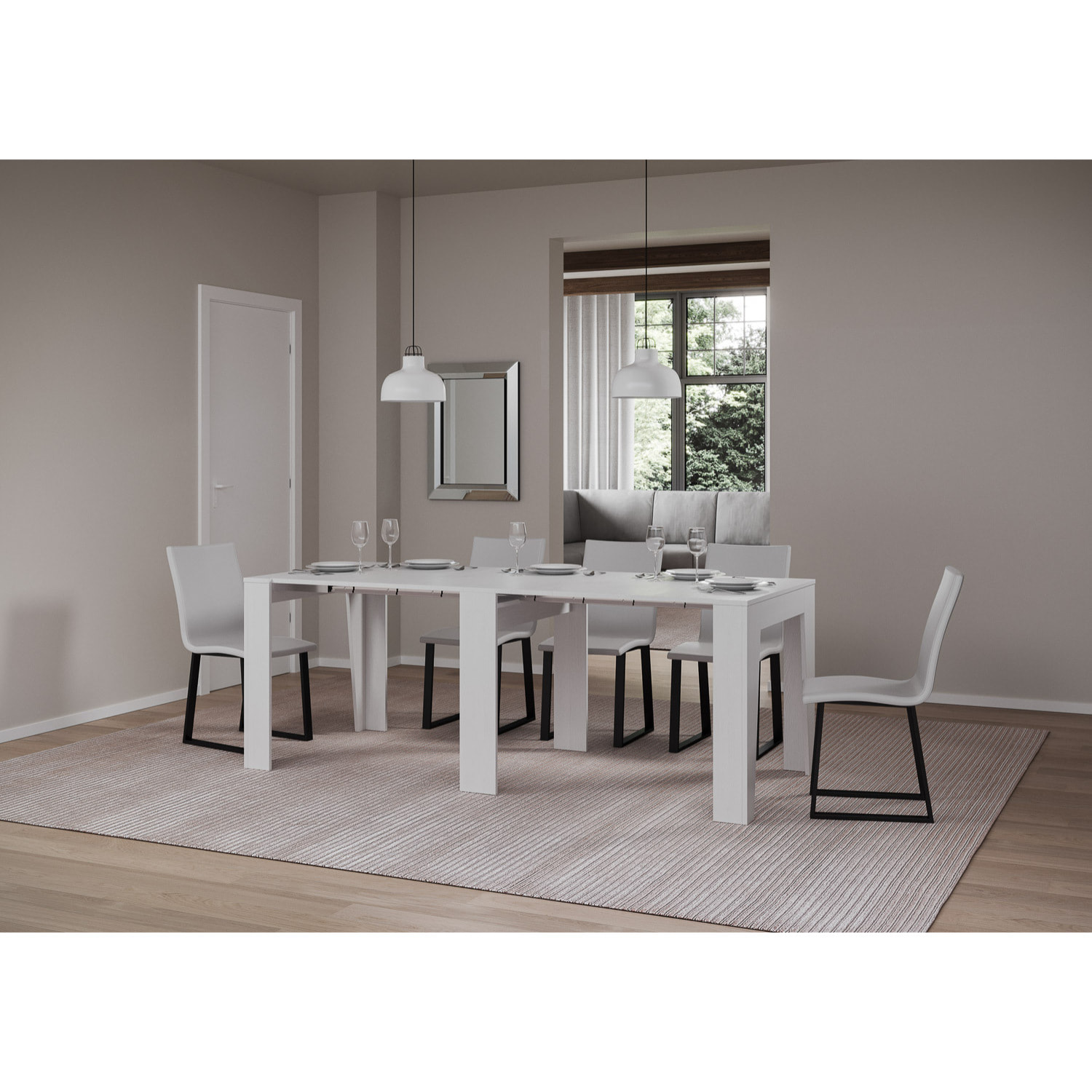 Consola extensible 90x25/211 cm Anea Fresno Blanco extensiones internas