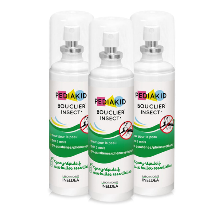 PEDIAKID - Bouclier Insect'- Spray Répulsif aux Huiles Essentielles - Contre les moustiques, tiques et guêpes - Dès 3 mois - Lot de 3 Flacons 100ml