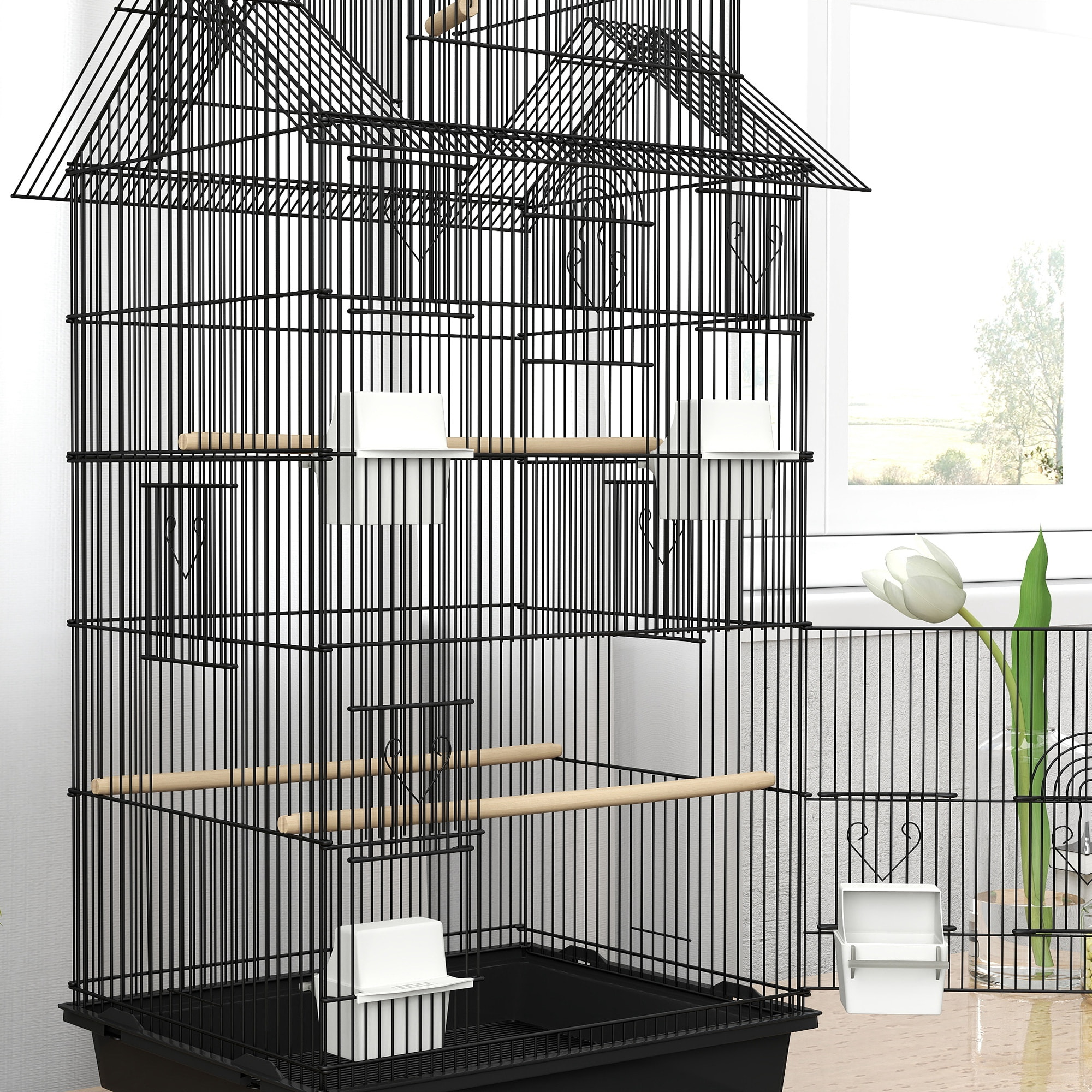 Cage à oiseaux design maison mangeoires perchoirs balançoire grande porte 8 trappes plateau déjection