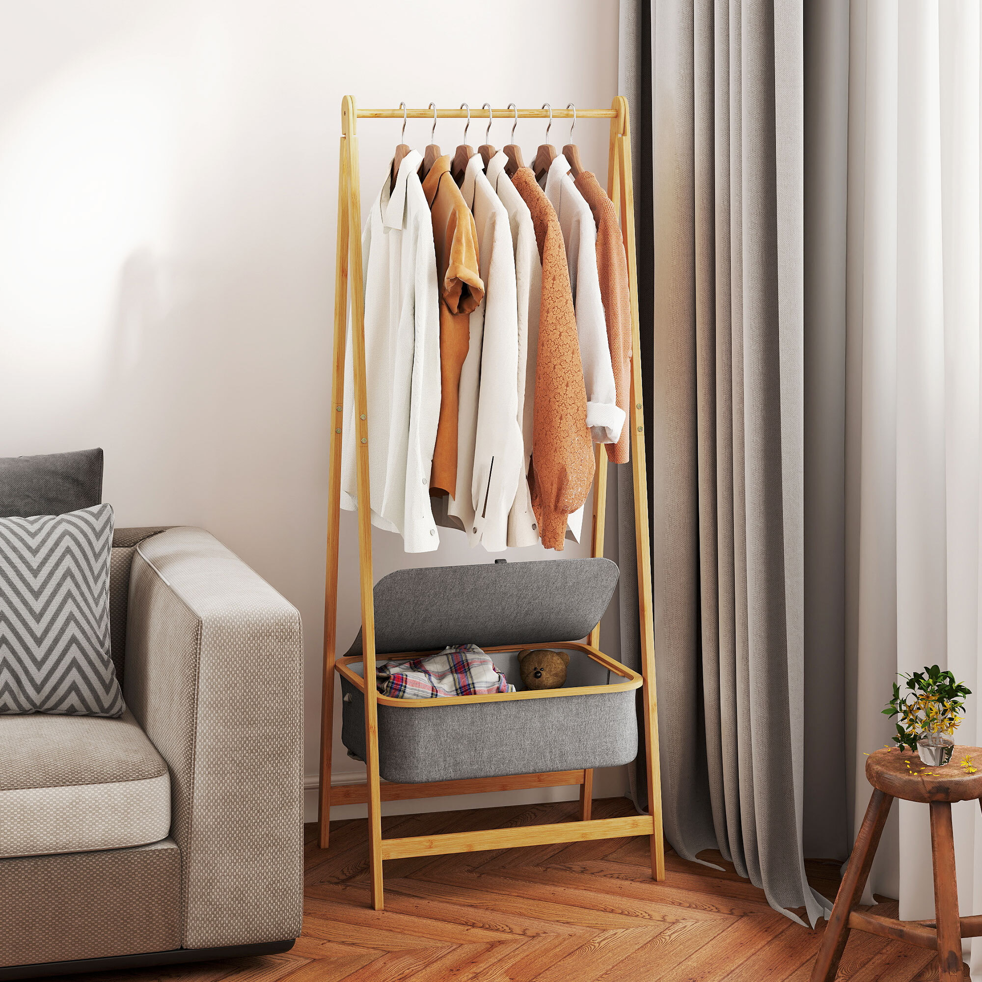 Burro Ropa de Bambú con Cesta de Tela con Tapa, Perchero Burro Ropa Plegable, Perchero para Recibidor, Entrada, Dormitorio, 60x44,5x157,5 cm, Natural y Gris