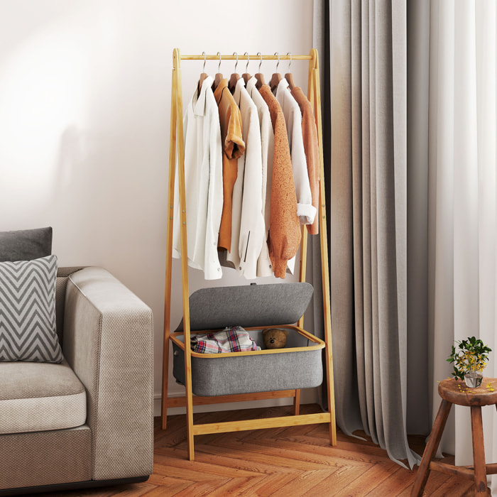 Burro Ropa de Bambú con Cesta de Tela con Tapa, Perchero Burro Ropa Plegable, Perchero para Recibidor, Entrada, Dormitorio, 60x44,5x157,5 cm, Natural y Gris