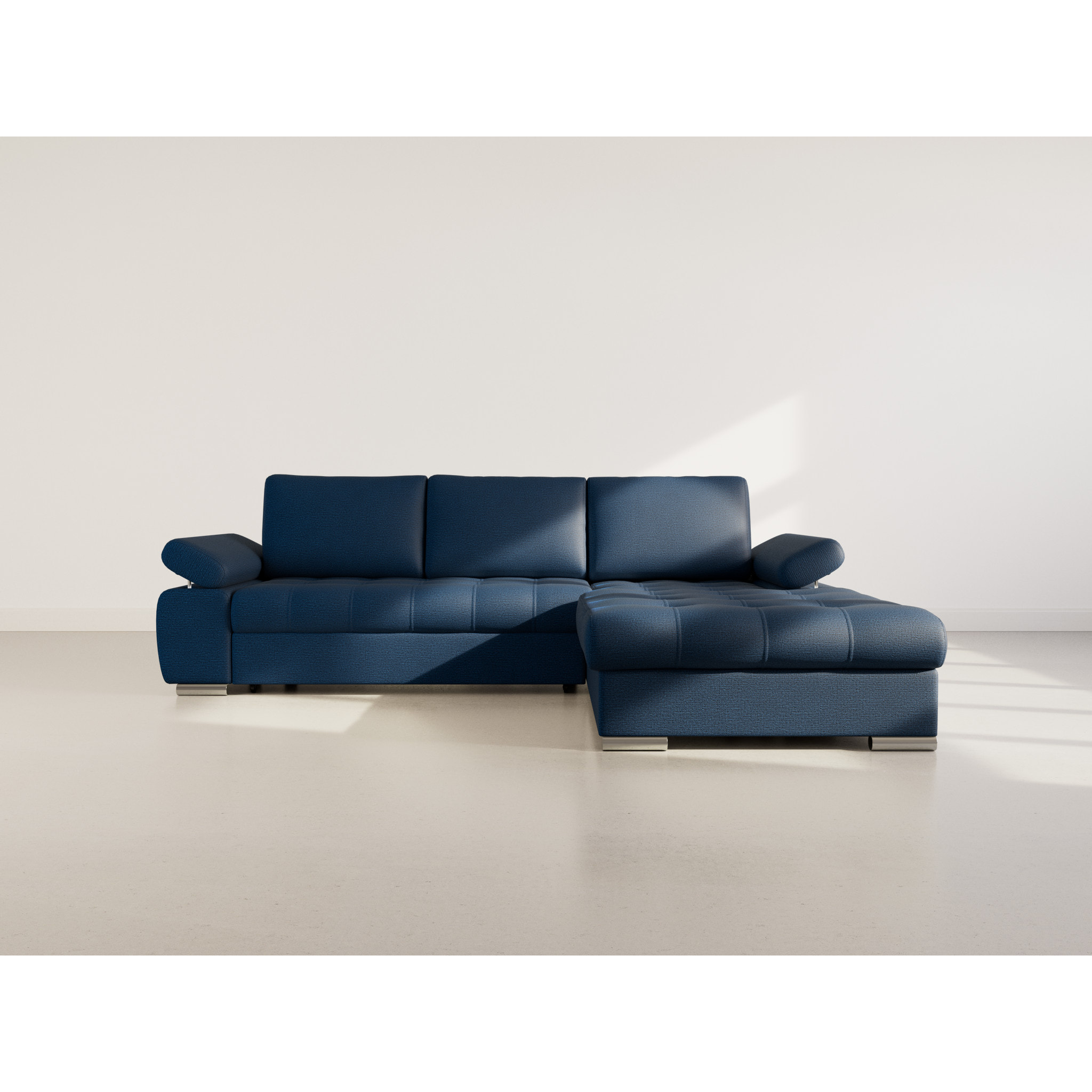 Bianca - Canapé d'angle droit 4 places convertible avec coffre en tissu texturé - Bleu marine