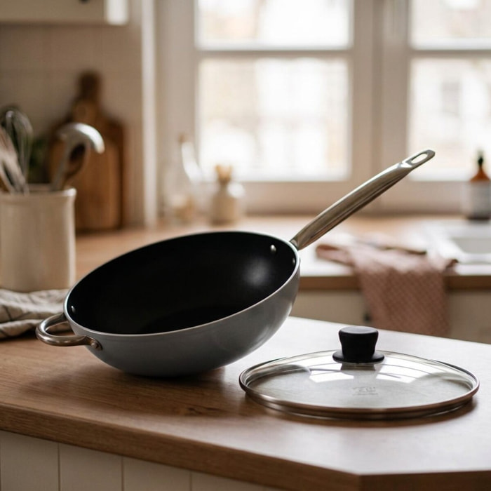 Poêle wok 28 cm avec revêtement céramique sans PFAS et son couvercle Elo