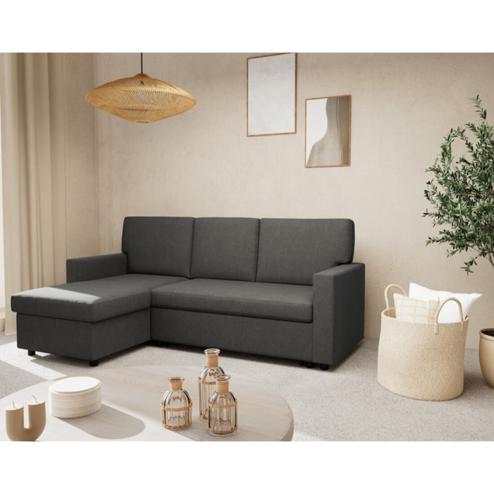 Meiya - canapé d'angle réversible 4 places convertible avec coffre en tissu - Gris foncé