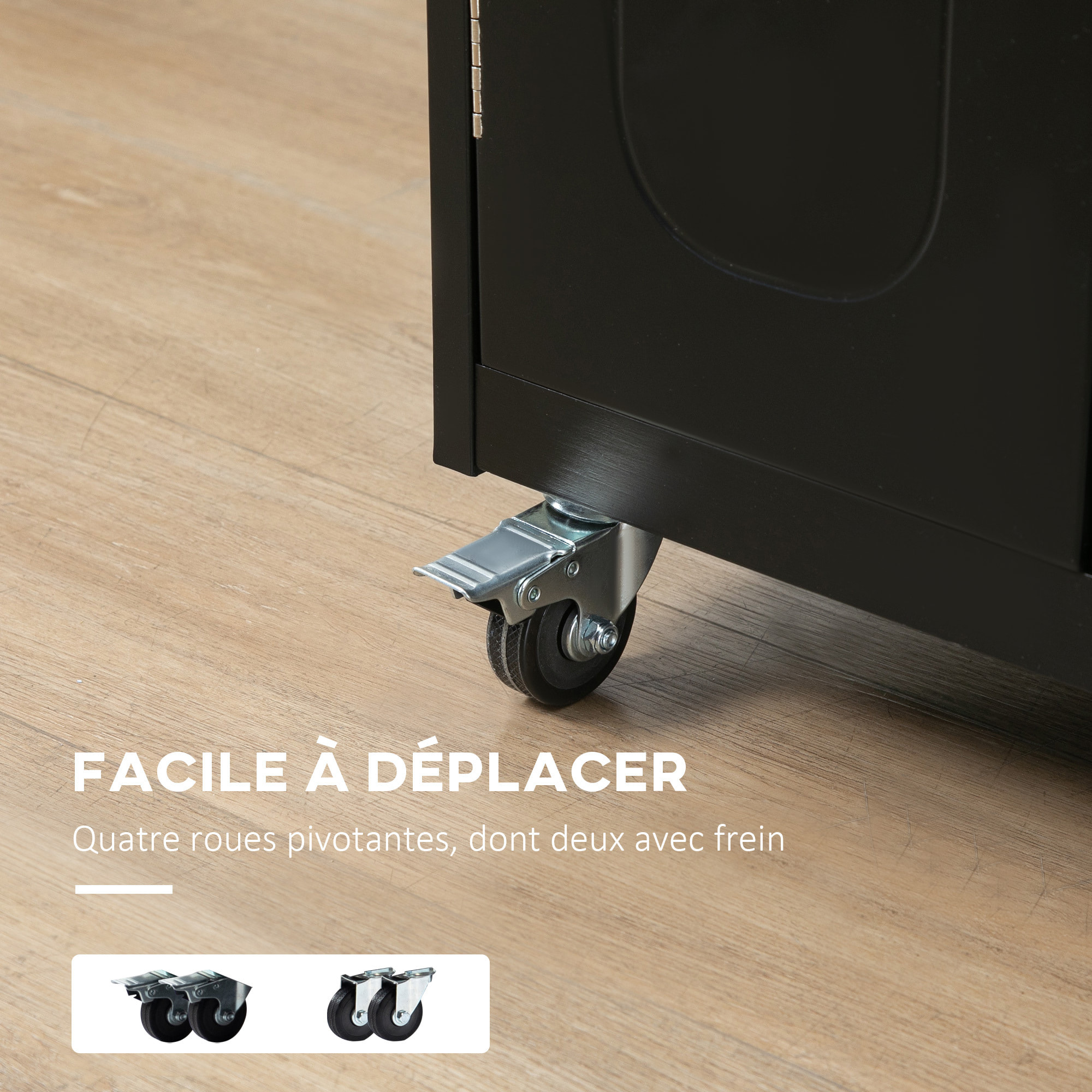 Desserte de cuisine multi-rangements 1 tiroir placard 2 portes avec étagère porte-torchons MDF noir acier inox.