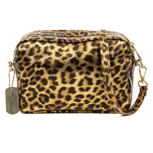 Degna borsa a tracolla donna. Pelle Scamosciata autentica con stampa animalier leopardata e finitura lucida.