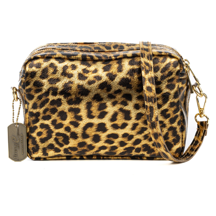 Degna borsa a tracolla donna. Pelle Scamosciata autentica con stampa animalier leopardata e finitura lucida.